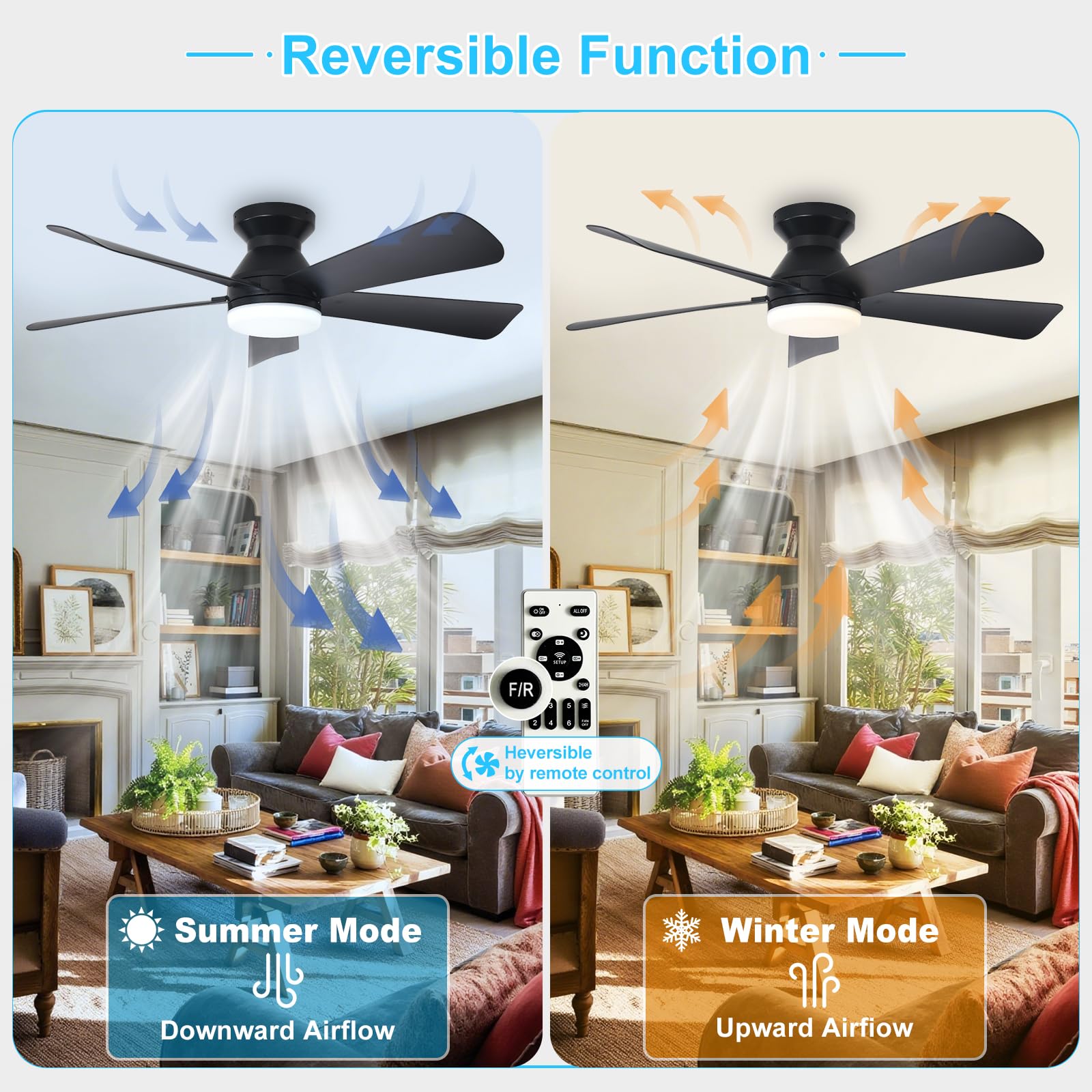 Depuley five-blade reversible ceiling fan in black finish.