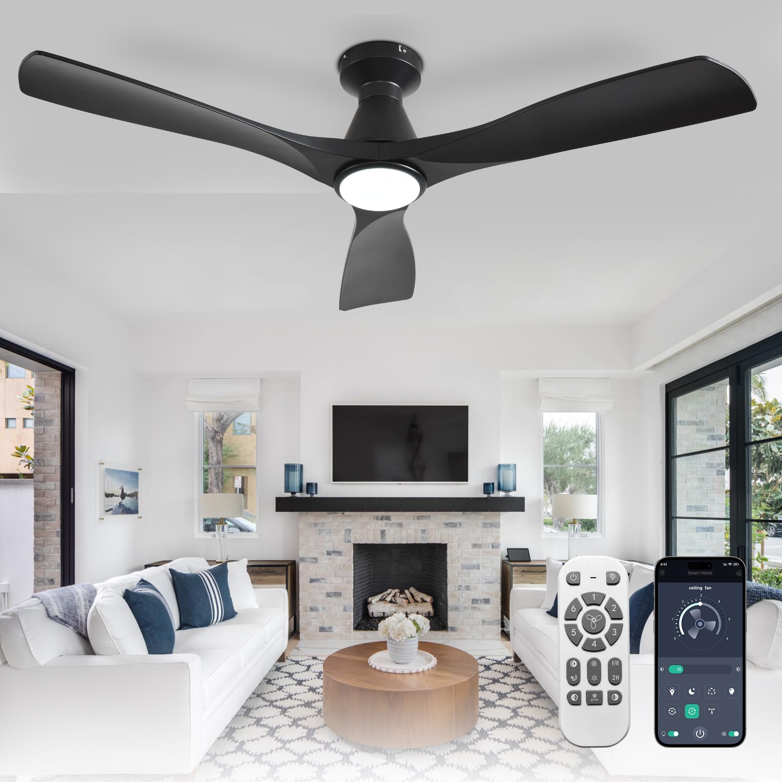 Depuley 52-inch ceiling fan with light, black, three blades for living areas