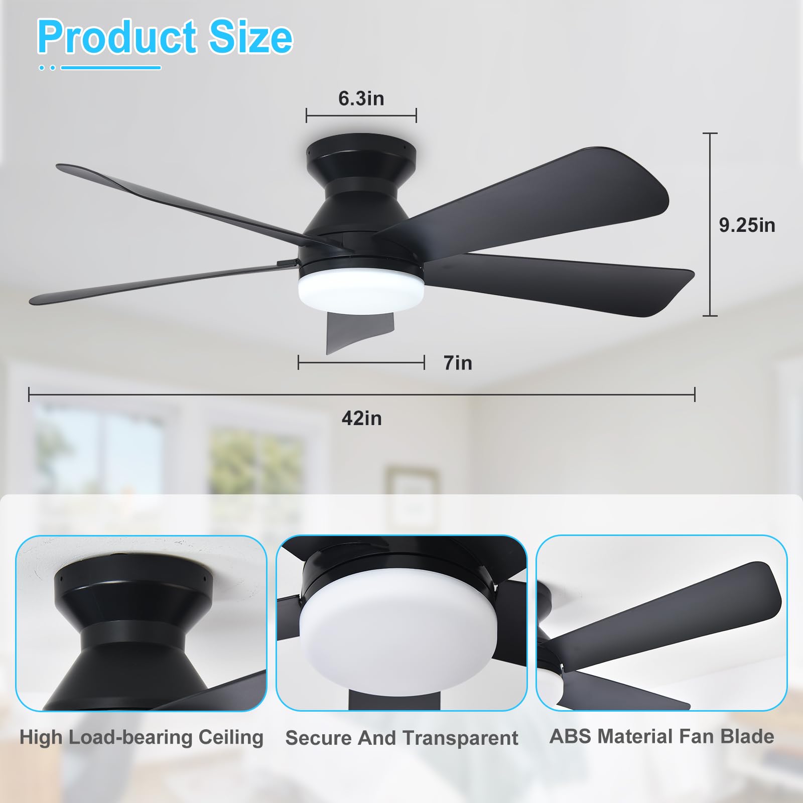 Depuley dimmable LED light with black finish on ceiling fan.