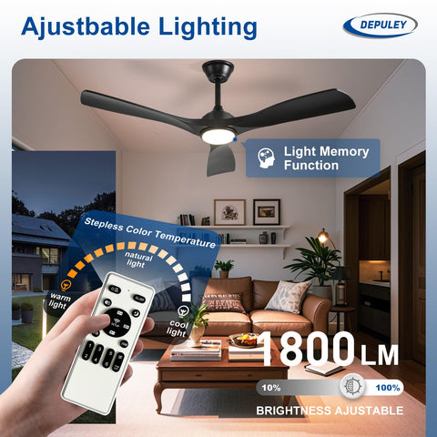Depuley black 3-blade fan with dimmable LED light for versatile lighting