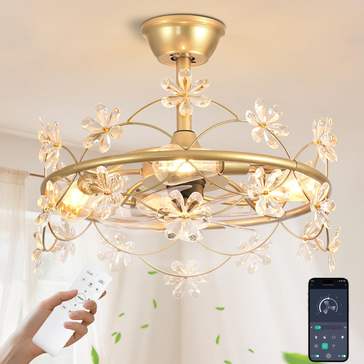 Depuley flower fandelier gold cage with lights brightens living rooms.