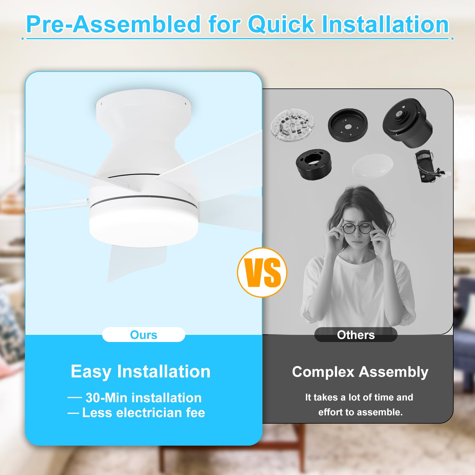 Depuley flush-mount design fits compact ceilings in bedroom or patio.