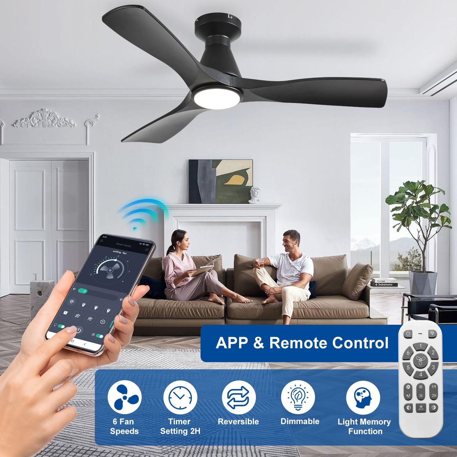Depuley flush mount ceiling fan suitable for indoor and outdoor spaces.