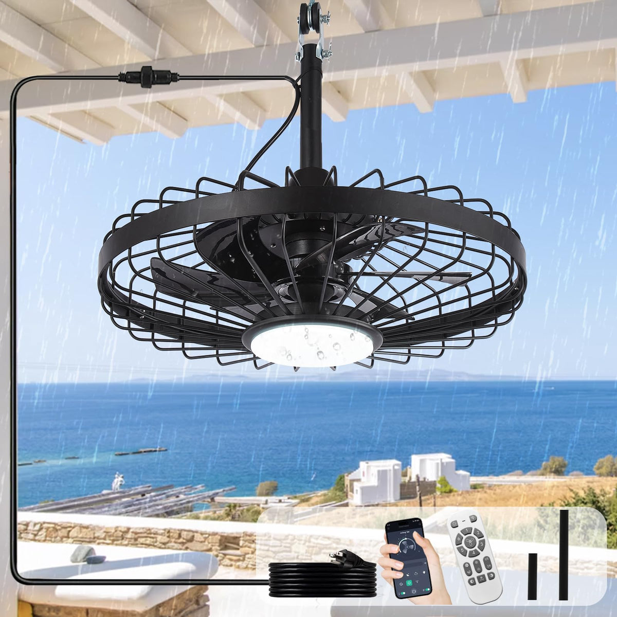 Depuley Gazebo Fan 20in black with cage light for outdoor lounging.