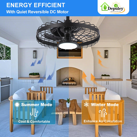 Depuley outdoor ceiling fan with DC motor, low noise.