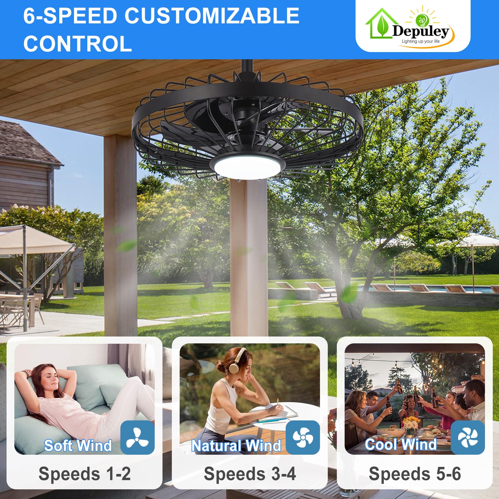 Depuley 20in ceiling fan with dimmable light and color temperature control.