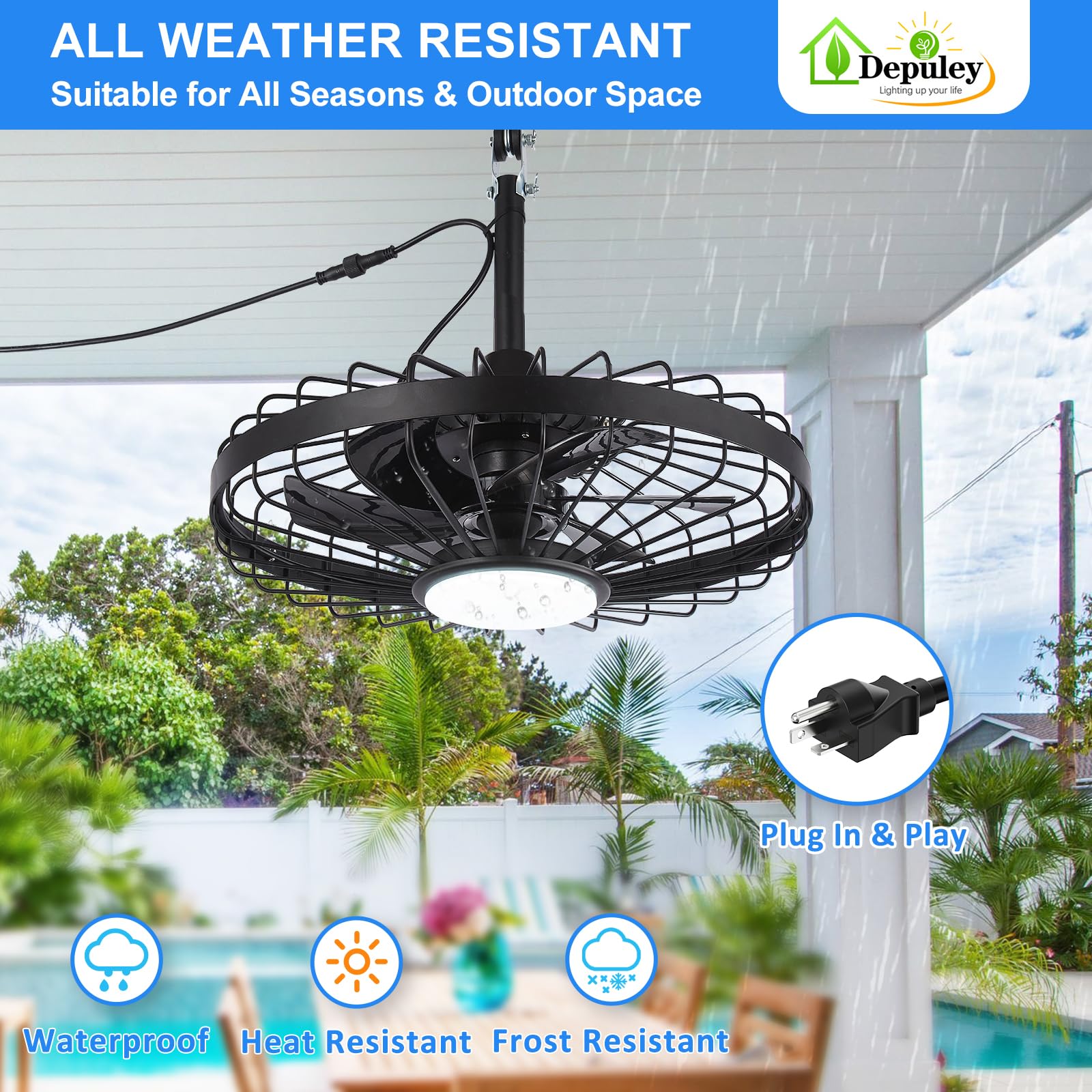 Depuley IP65 waterproof ceiling fan for gazebos, durable in rain.