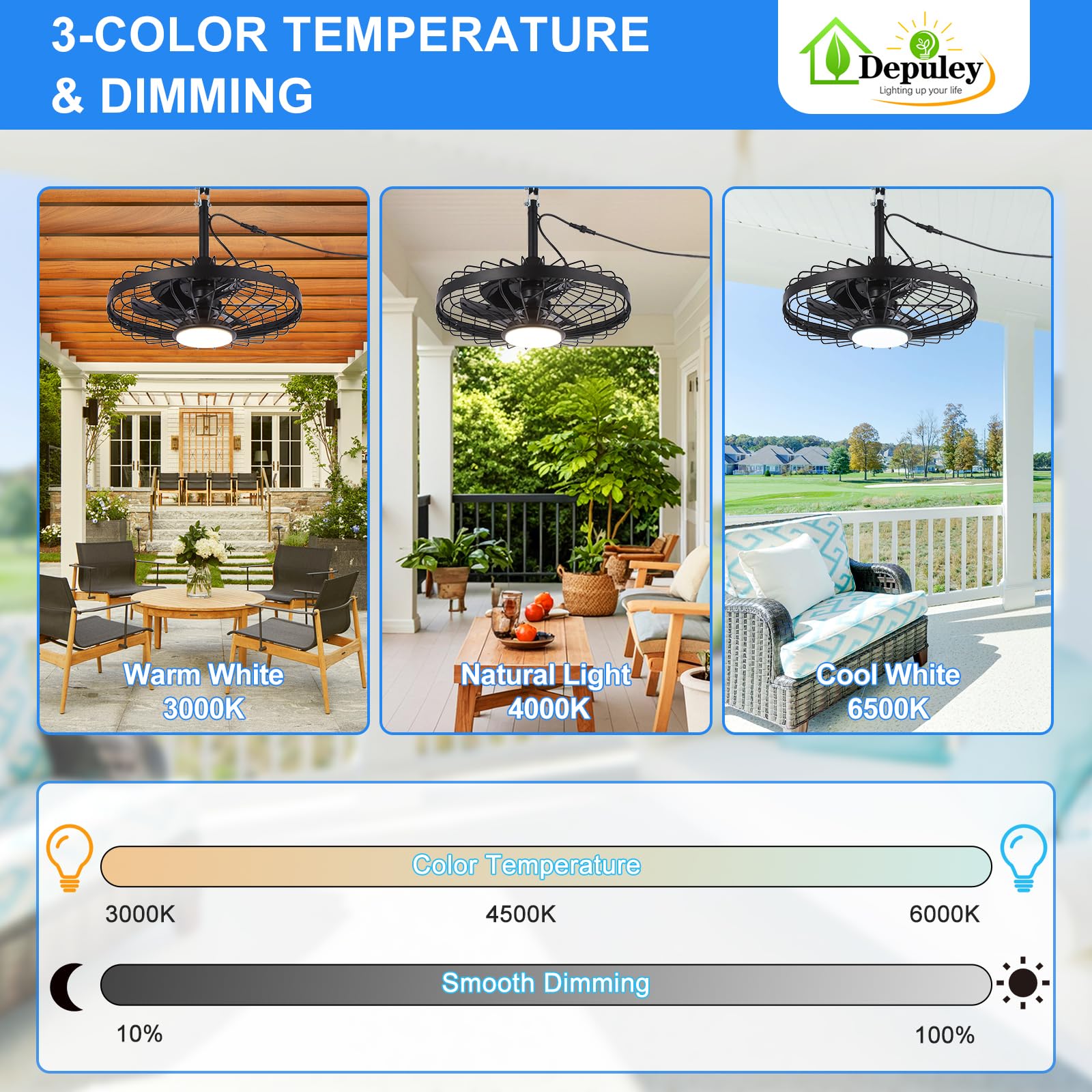 Depuley plug-in ceiling fan for patios, quick setup with 16.5 ft cord.