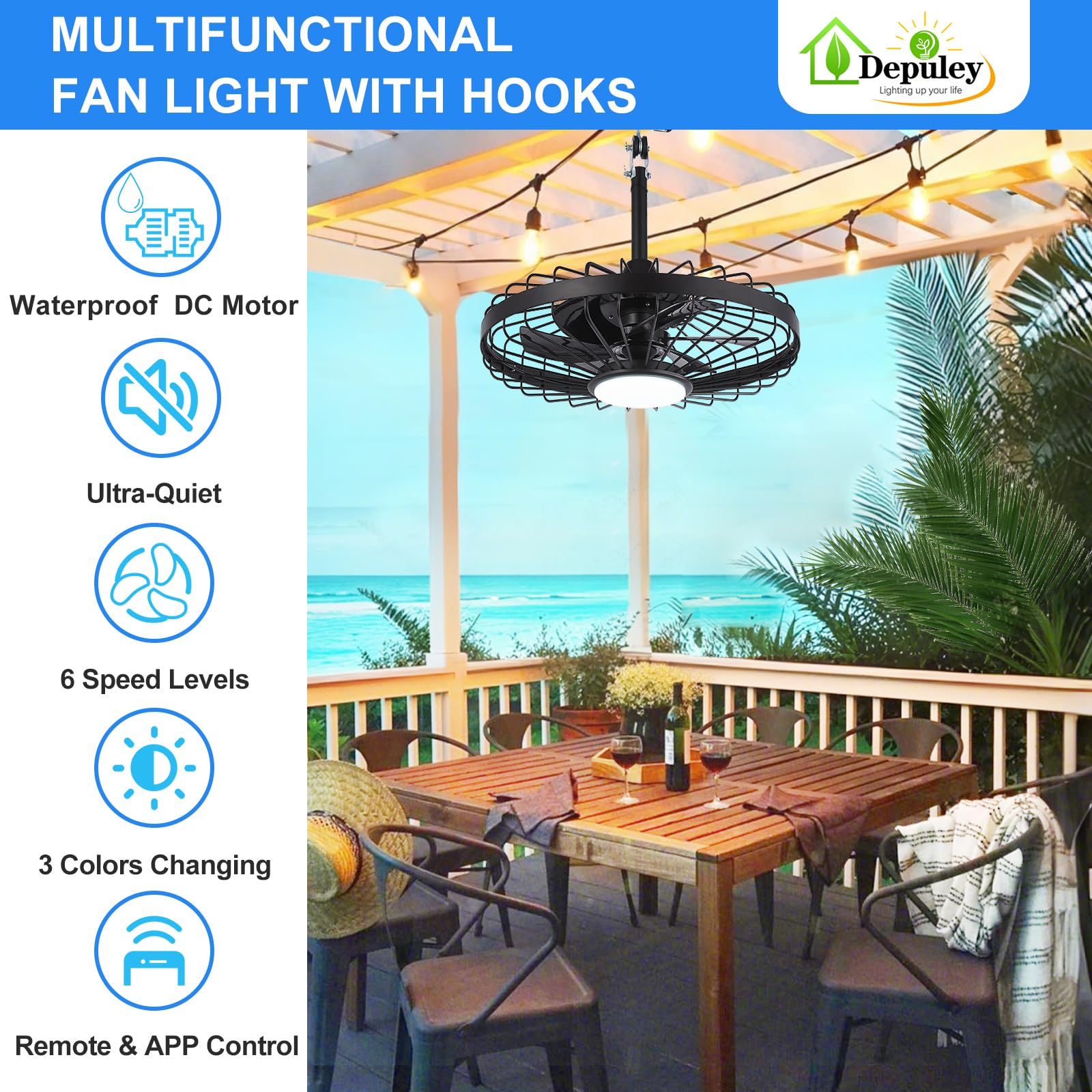 Depuley outdoor fan 20in black with remote control for easy adjustments.