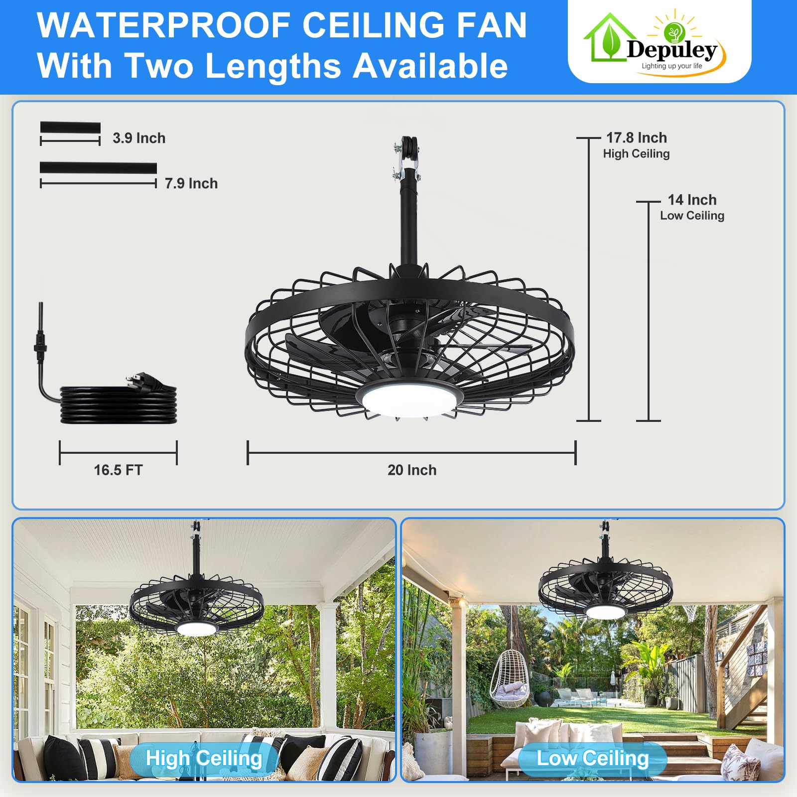 Depuley black ceiling fan for pergolas, safe cage design.