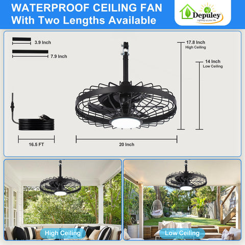 Depuley black ceiling fan for pergolas, safe cage design.