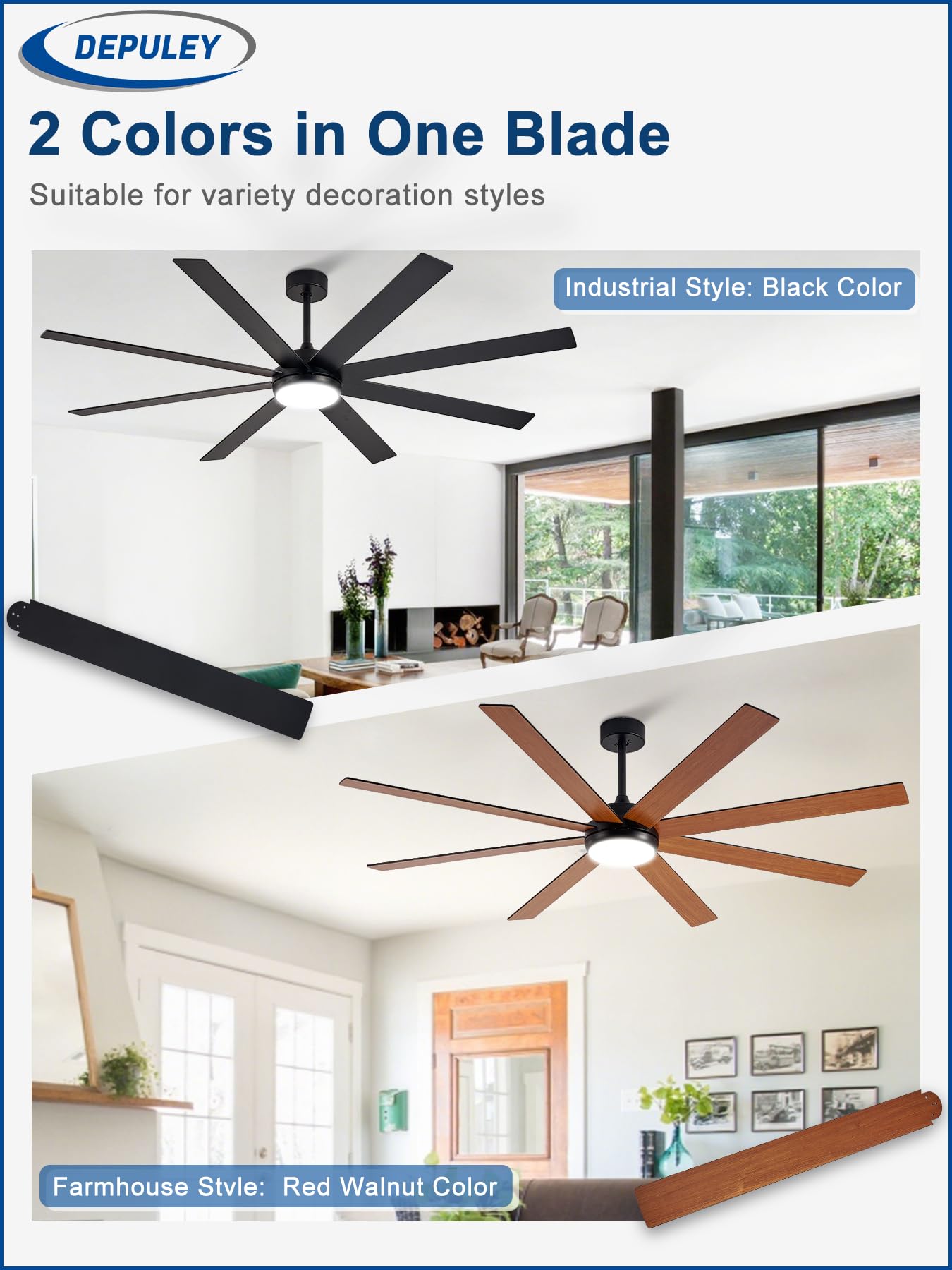 Depuley outdoor ceiling fan lights illuminate patios with quiet, energy-efficient DC motor in use.