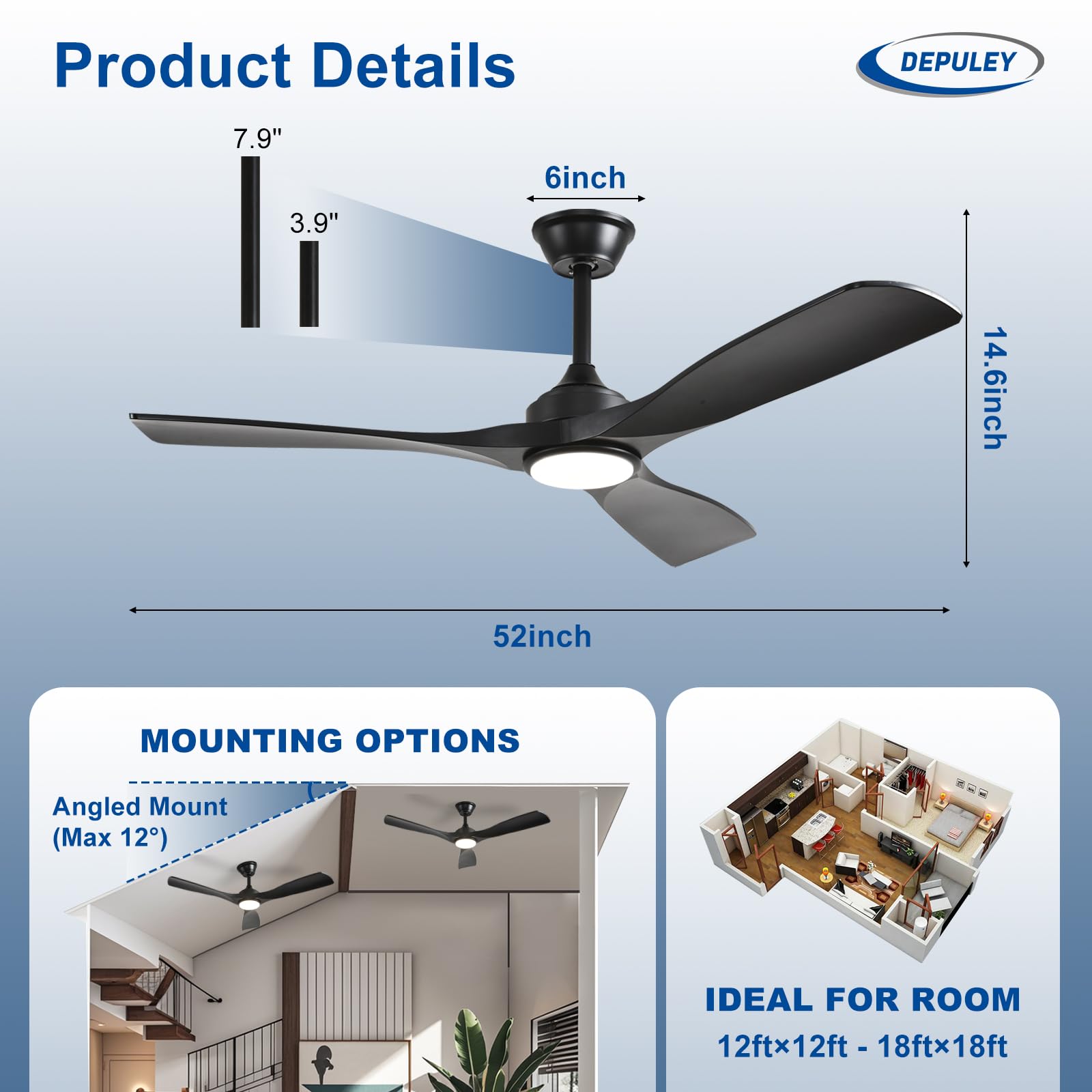 Depuley remote-controlled black ceiling fan with light for living room