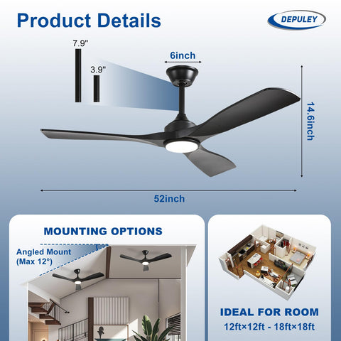 Depuley remote-controlled black ceiling fan with light for living room
