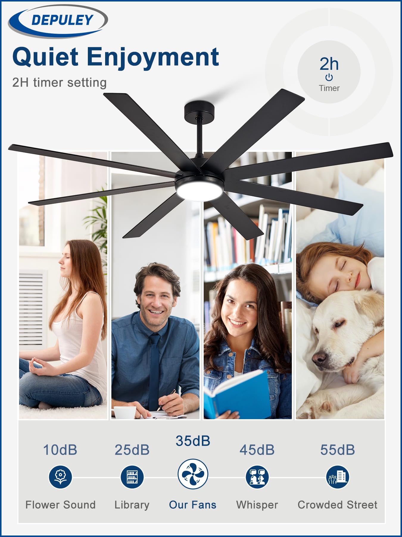 Depuley quiet reversible DC motor supports summer downdraft and winter updraft for comfort.