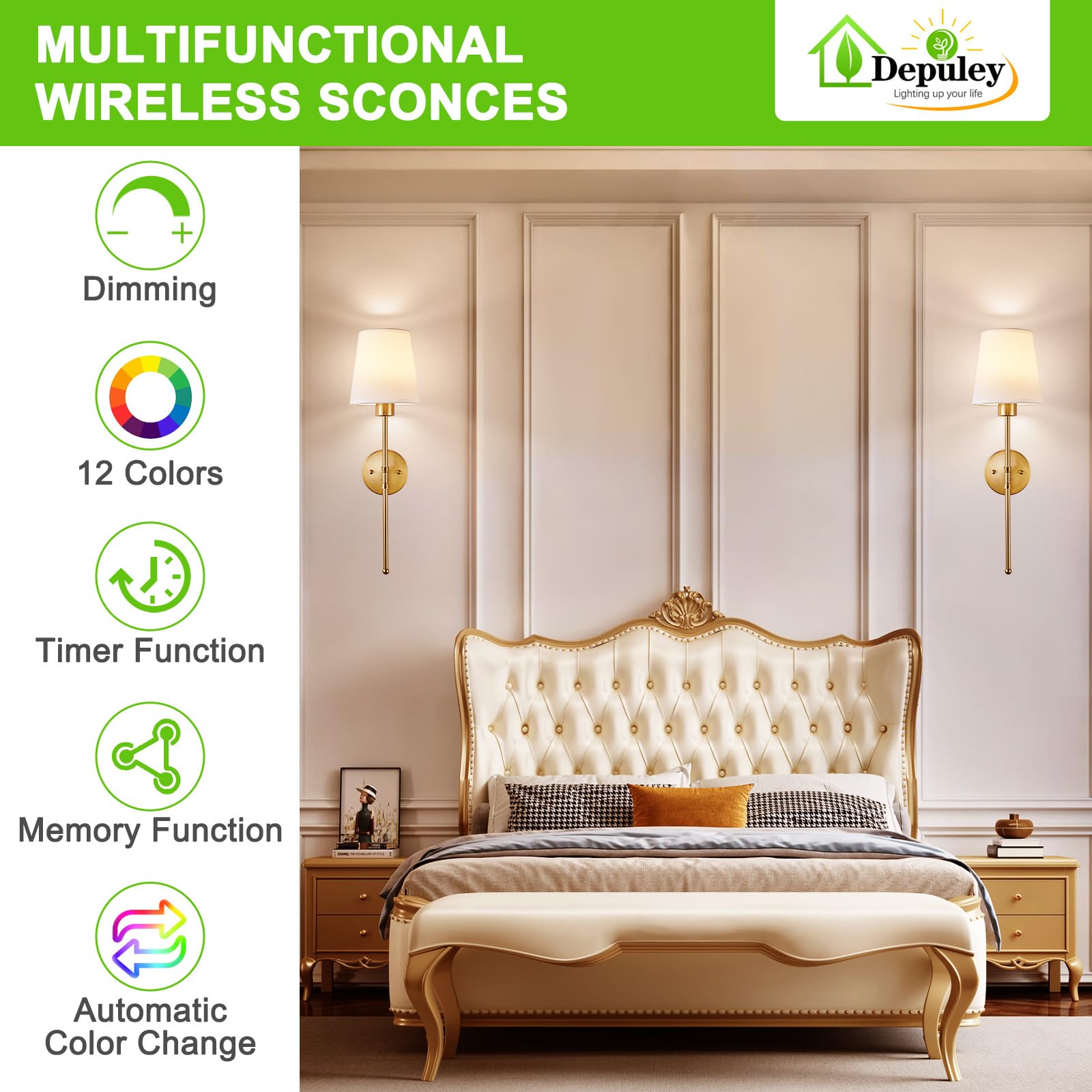 Depuley dimmable wall sconce supports 3000K–6500K for warm to cool ambiences.