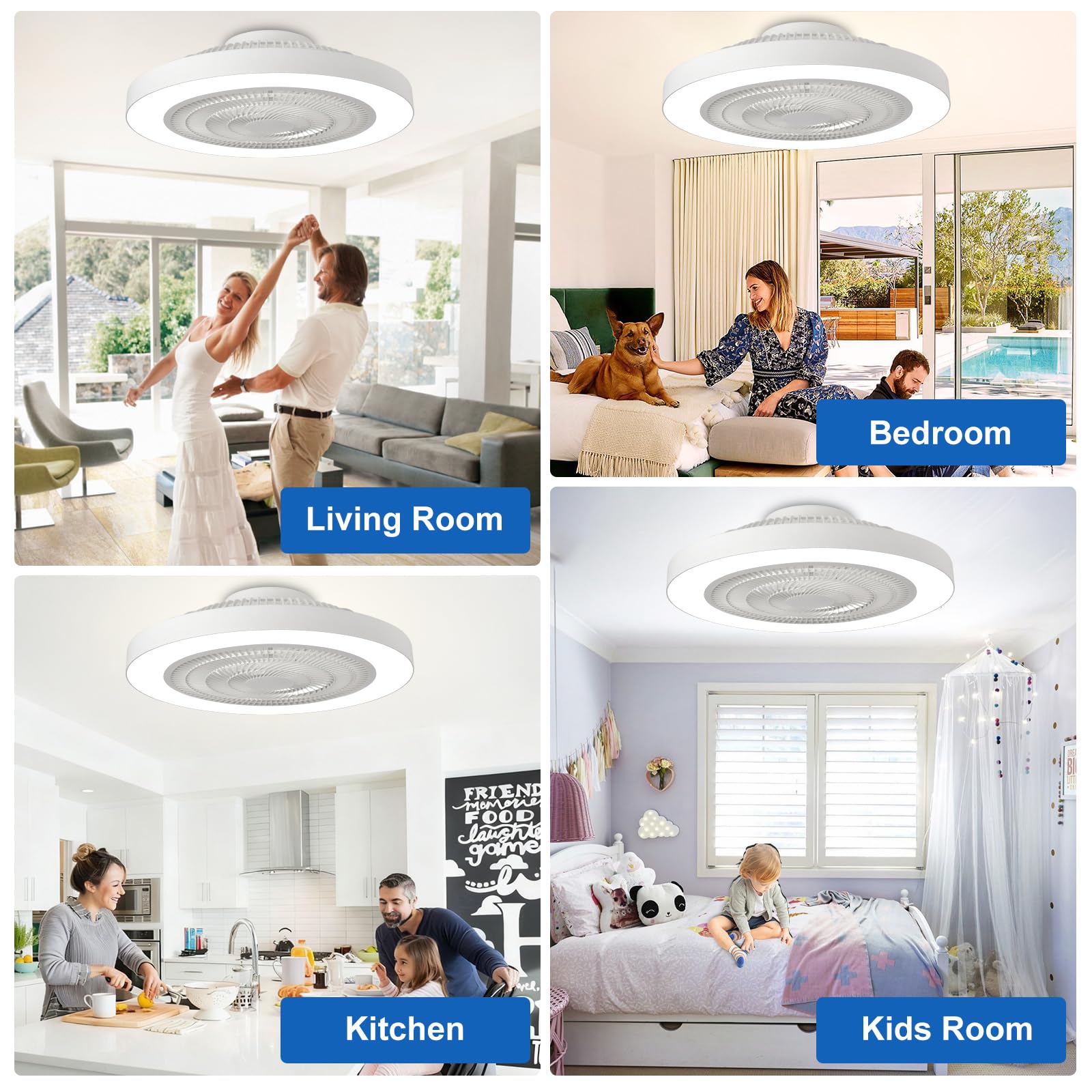 Depuley white flush mount fan shown in a bedroom with space saving design