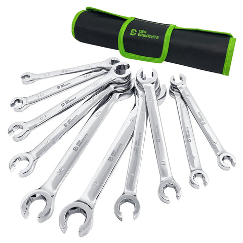 Der Erwachte flare nut wrench set organized in the organizer roll for portable use