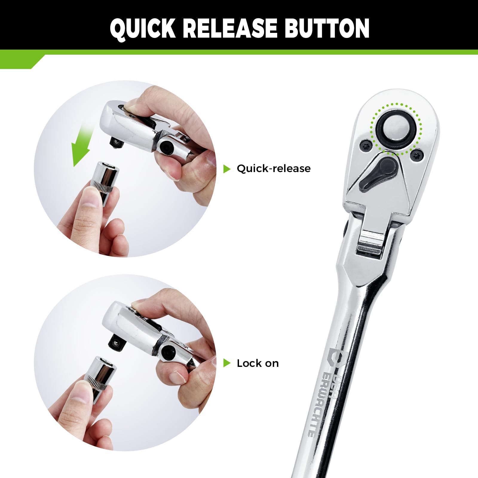 Der Erwachte flex-head ratchet 1/2 drive tackles large fasteners with steady control.