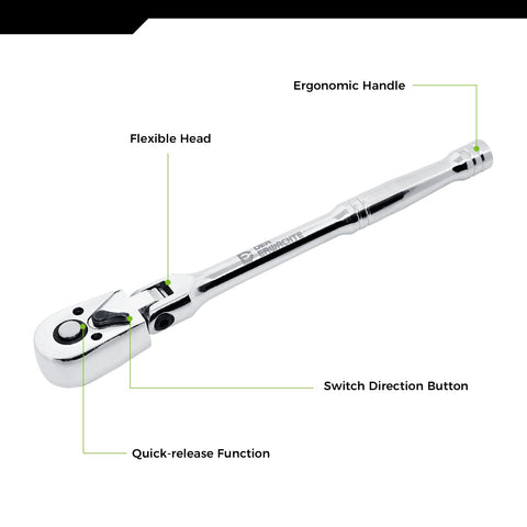 Der Erwachte flex-head ratchet 3/8 drive handles mid-size fasteners smoothly.