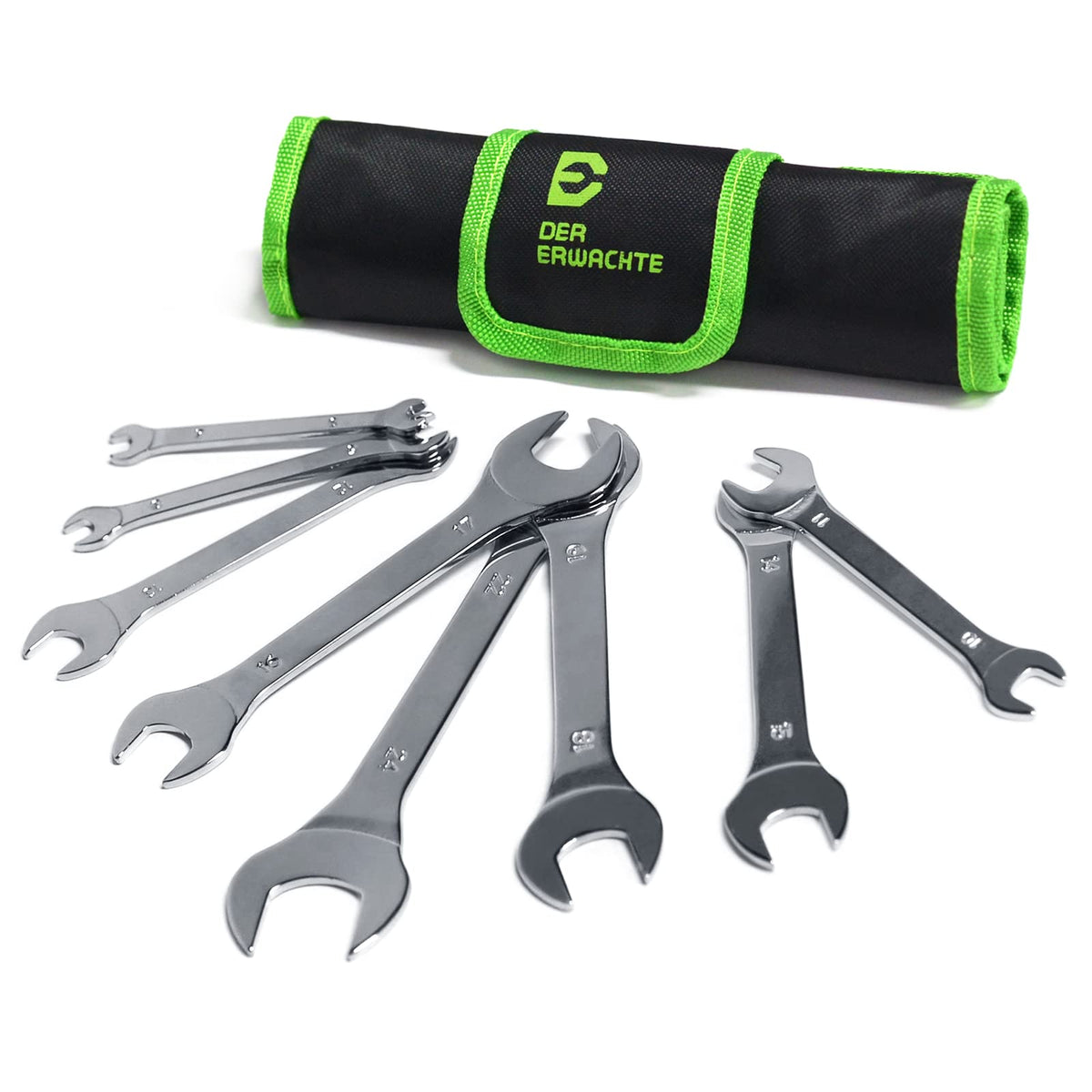 Der Erwachte open end wrench set overview with slim, durable spanners.