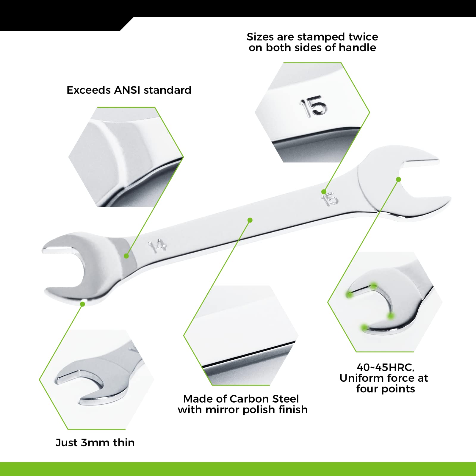 Wrenches show double-sided size markings for quick checks.