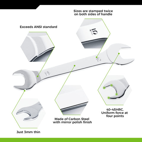Wrenches show double-sided size markings for quick checks.