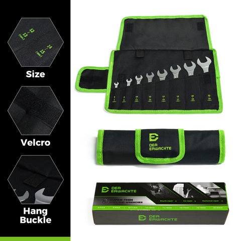 Rolling pouch keeps the wrench set organized and portable.