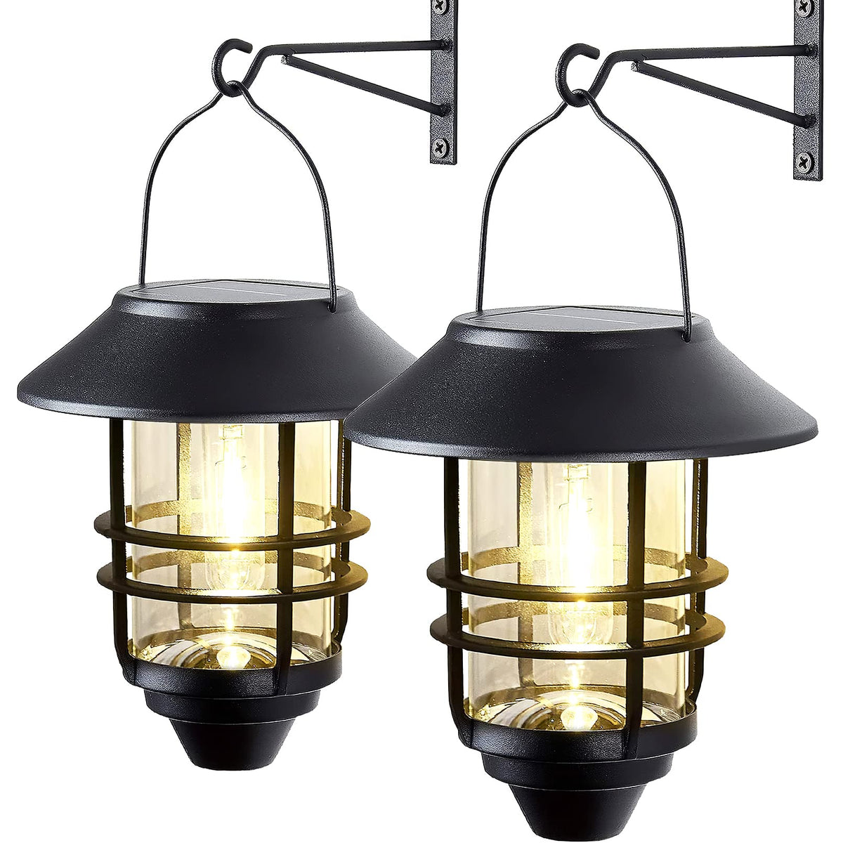 DERAYSION 2-pack solar wall lanterns glow warmly, enhancing porch ambience.