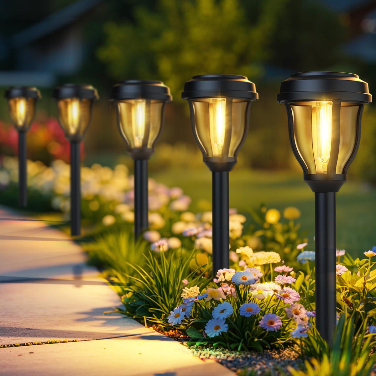 DERAYSION solar lights along a walkway provide safe, welcoming night illumination
