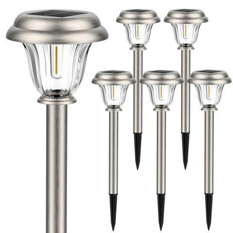 DERAYSION solar pathway light with brushed stainless finish for durable outdoor illumination.