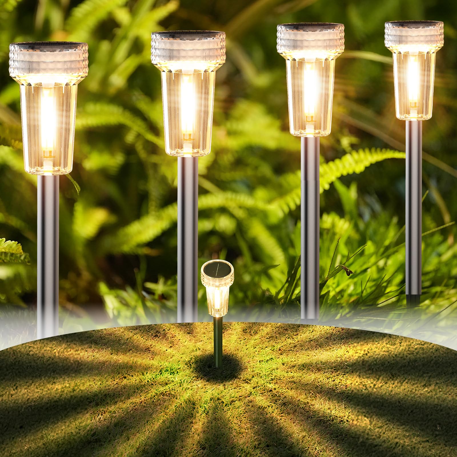 DERAYSION solar pathway lights eight-pack starburst glow safely guiding night paths.