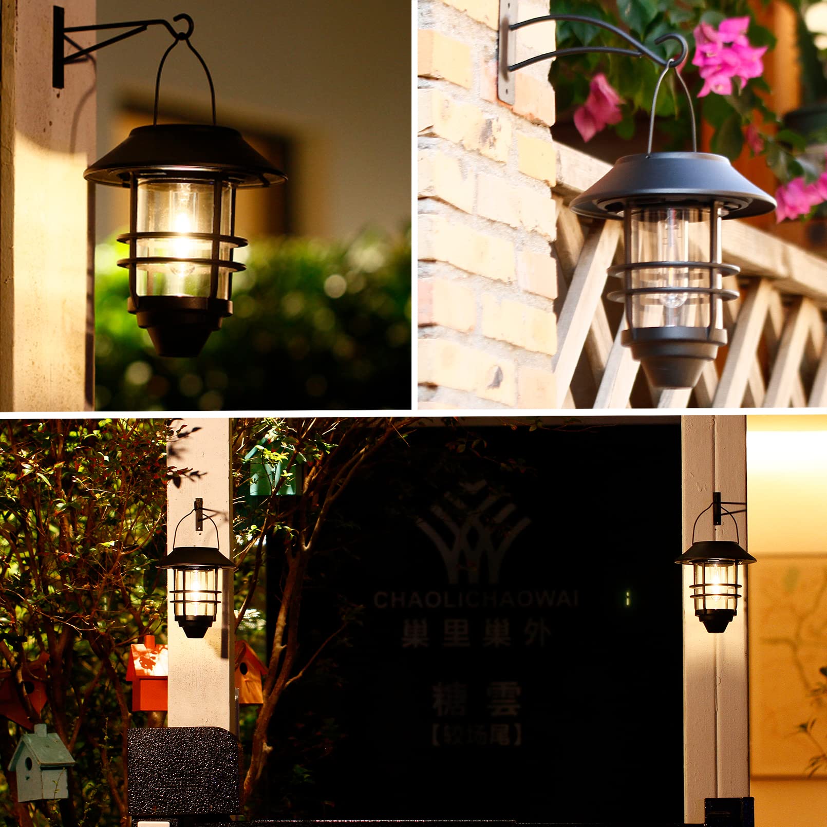 DERAYSION solar wall lanterns hang stylishly, ideal for gardens and entryways.