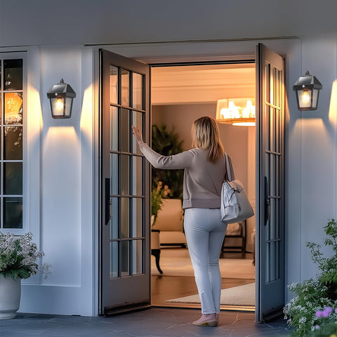DERAYSION wall lantern outdoor porch light distributes light evenly across the facade.