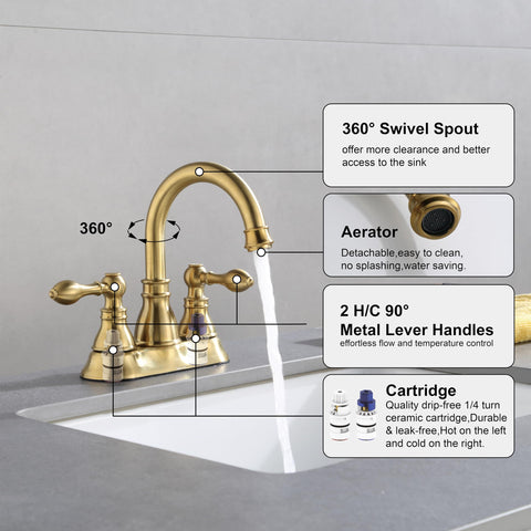 Derengge brushed gold faucet 3-hole setup fits standard centerset sinks.