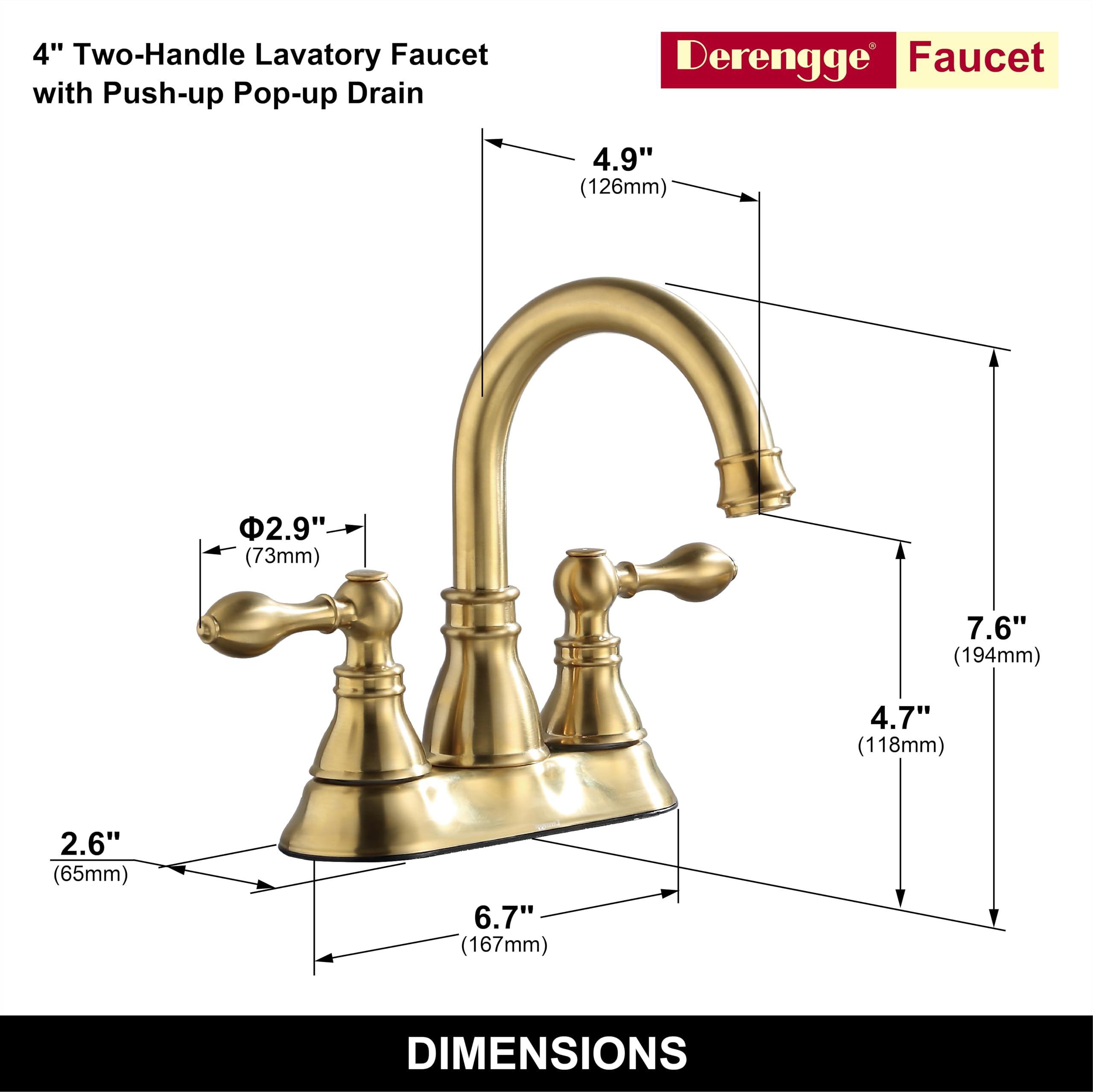Derengge brushed gold faucet 360° swivel spout for versatile use.