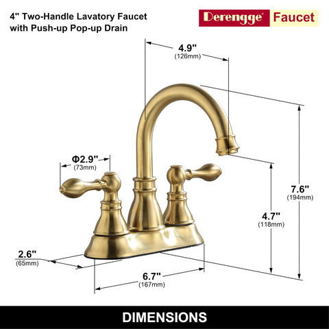 Derengge brushed gold faucet 360° swivel spout for versatile use.