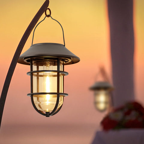 Derynome solar hanging lantern close-up shows modern design and clear glass for stylish outdoor décor