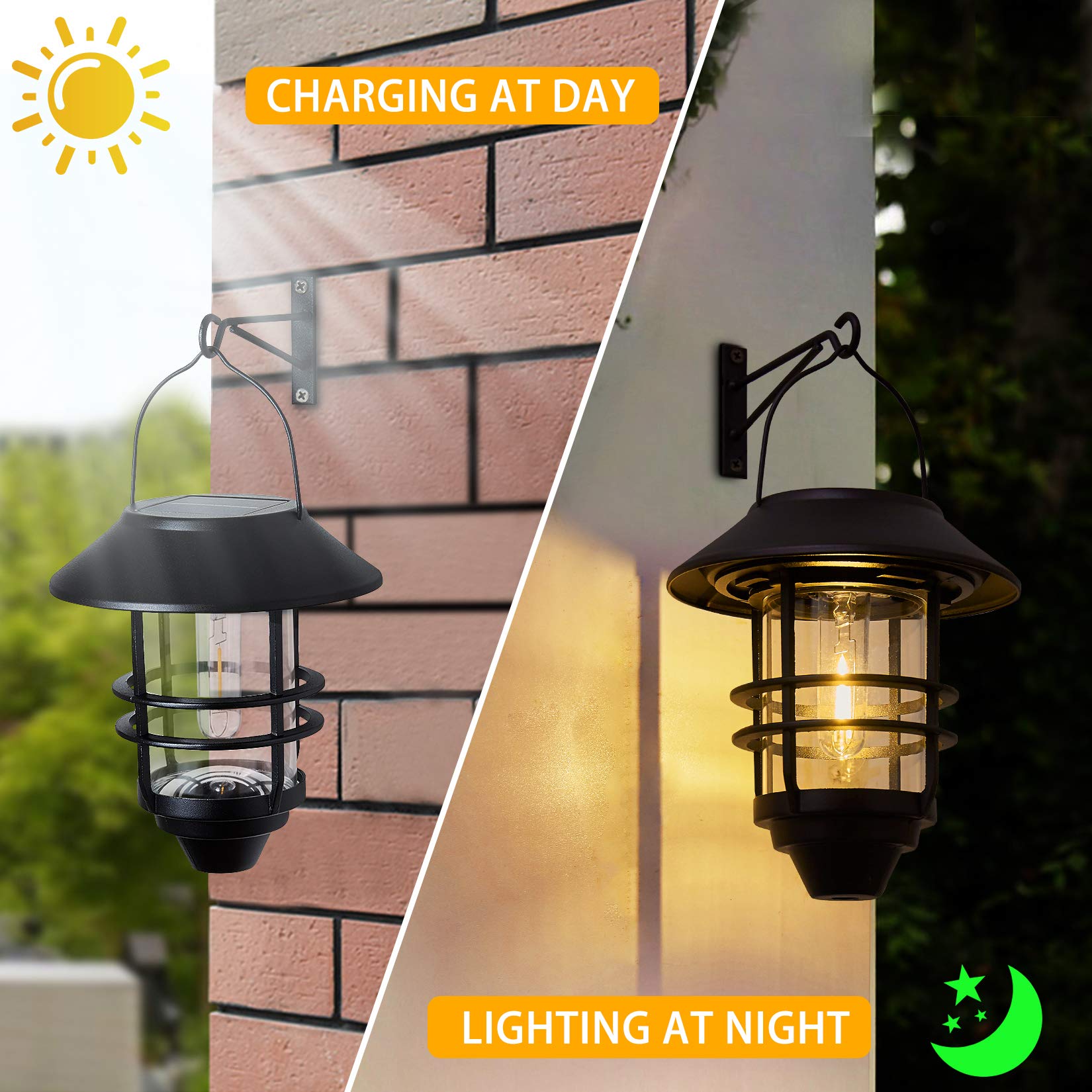 Derynome solar lantern hanging on a wooden post at dusk.