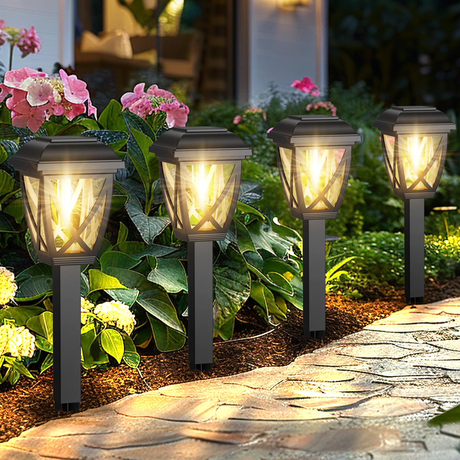 Derynome outdoor solar lights 10-pack illuminate pathways with warm ambient glow.