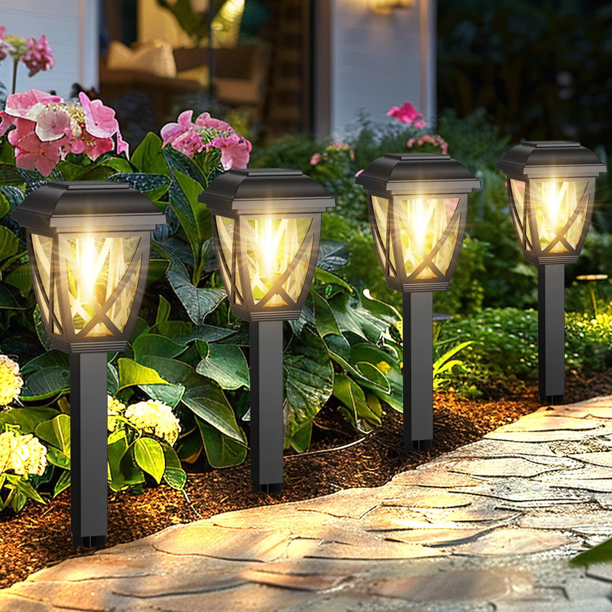 Derynome outdoor solar lights 10-pack illuminate pathways with warm ambient glow.