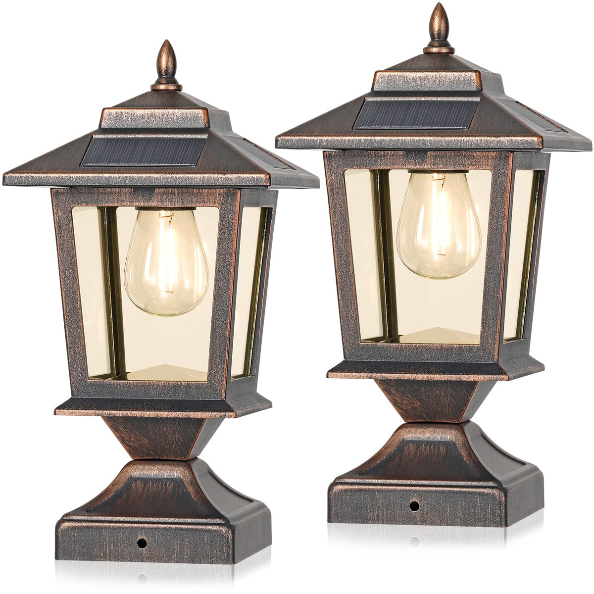Derynome bronze solar post cap with glass shade lights a deck safely