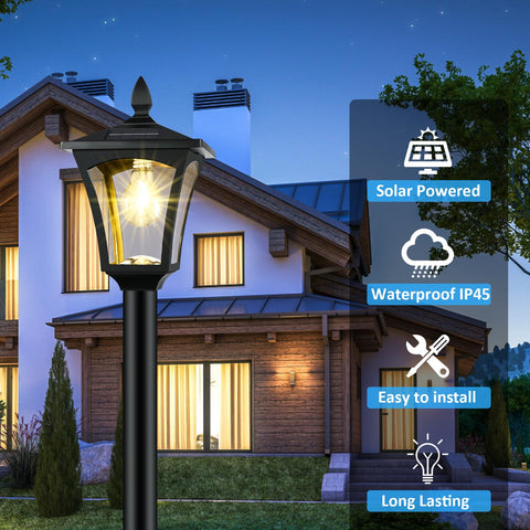 Derynome solar post lamp planter, dusk sensor activates auto lighting.