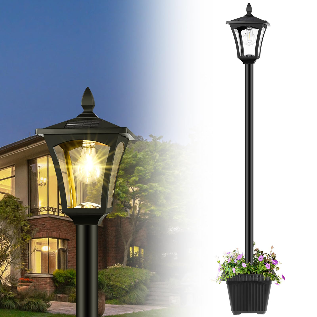 Derynome solar post lamp planter, front view, illuminates walkways efficiently.