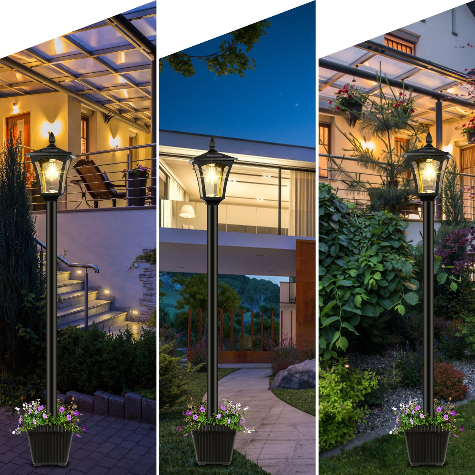 Derynome solar post lamp planter, garden path illumination and curb appeal.