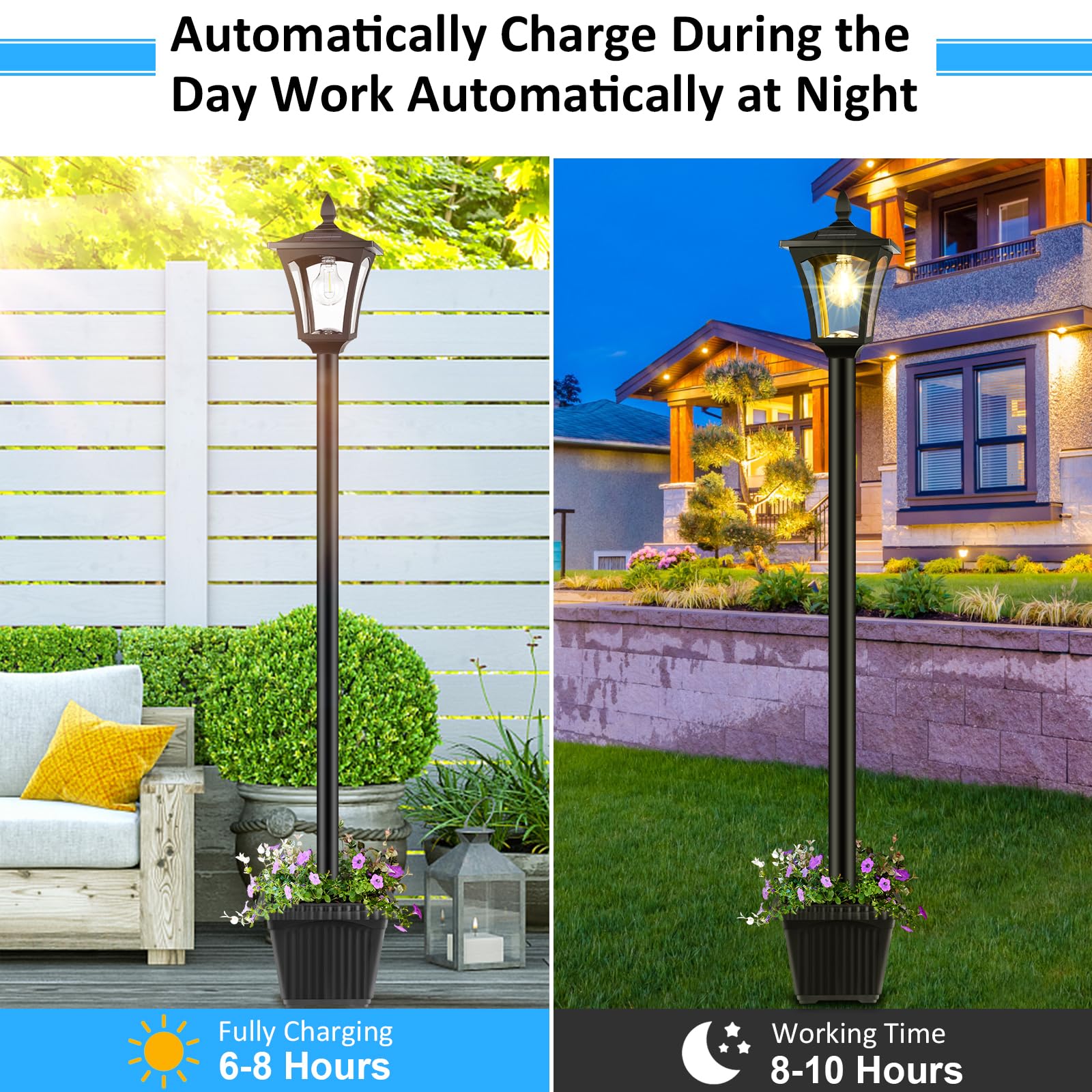 Derynome solar post lamp planter, night glow provides safe, low-maintenance lighting.