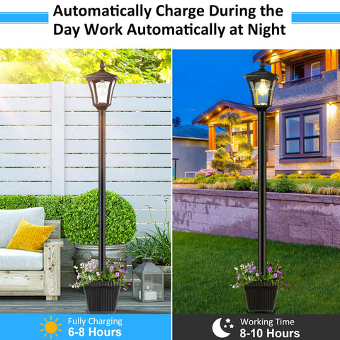 Derynome solar post lamp planter, night glow provides safe, low-maintenance lighting.