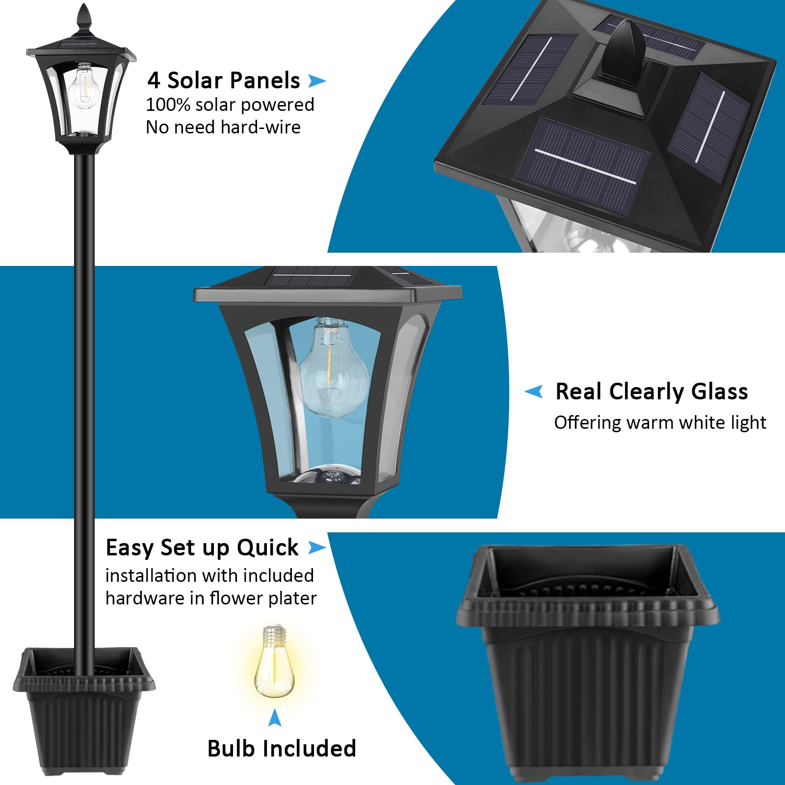 Derynome solar post lamp planter, side view, enhances evening garden ambiance.
