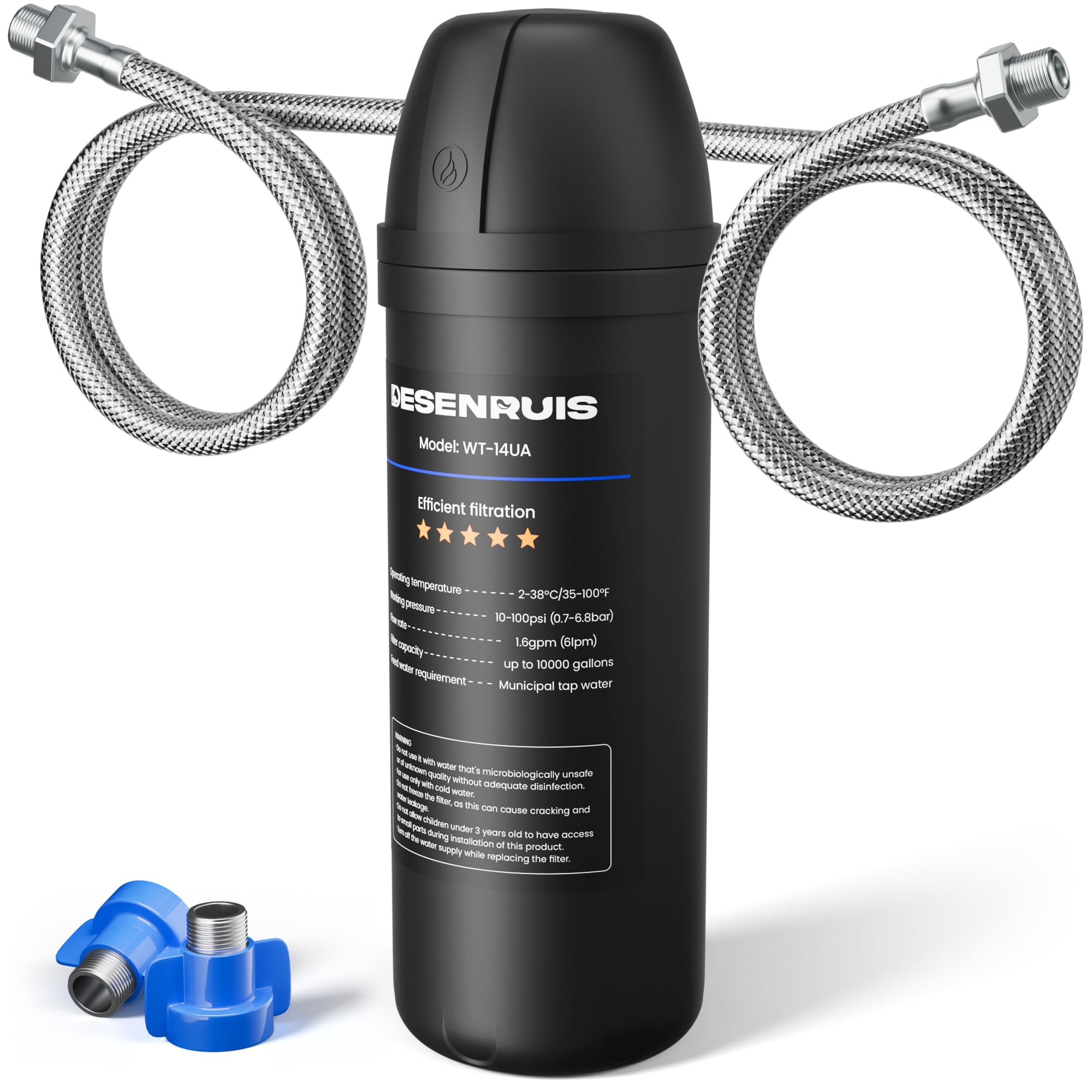 DESENRUIS under-sink installation shows quick-connect setup for easy DIY installation.