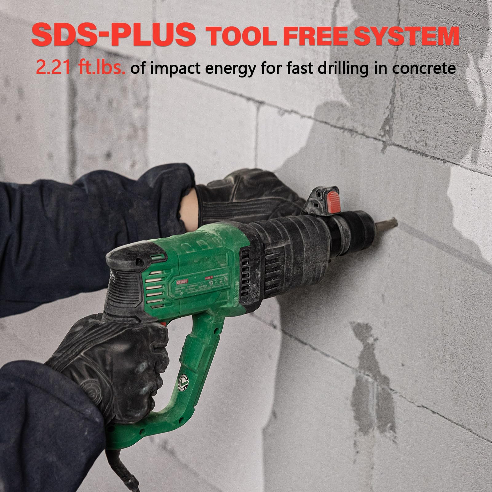 DESHUO 9-Amp motor delivering strong impact energy for tough concrete tasks.